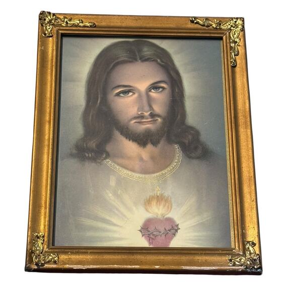 Vintage Sacred Heart Of Jesus Ornate Frame Print Catholic Religious Art READ - Picture 1 of 7